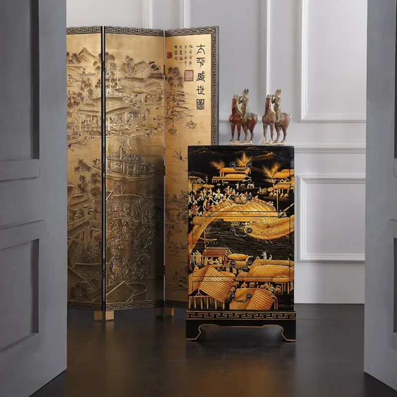 Ming and Qing Classical New Chinese Culture Black Painting Qingming Shanghe Picture Five Dou Cabinet Decorative