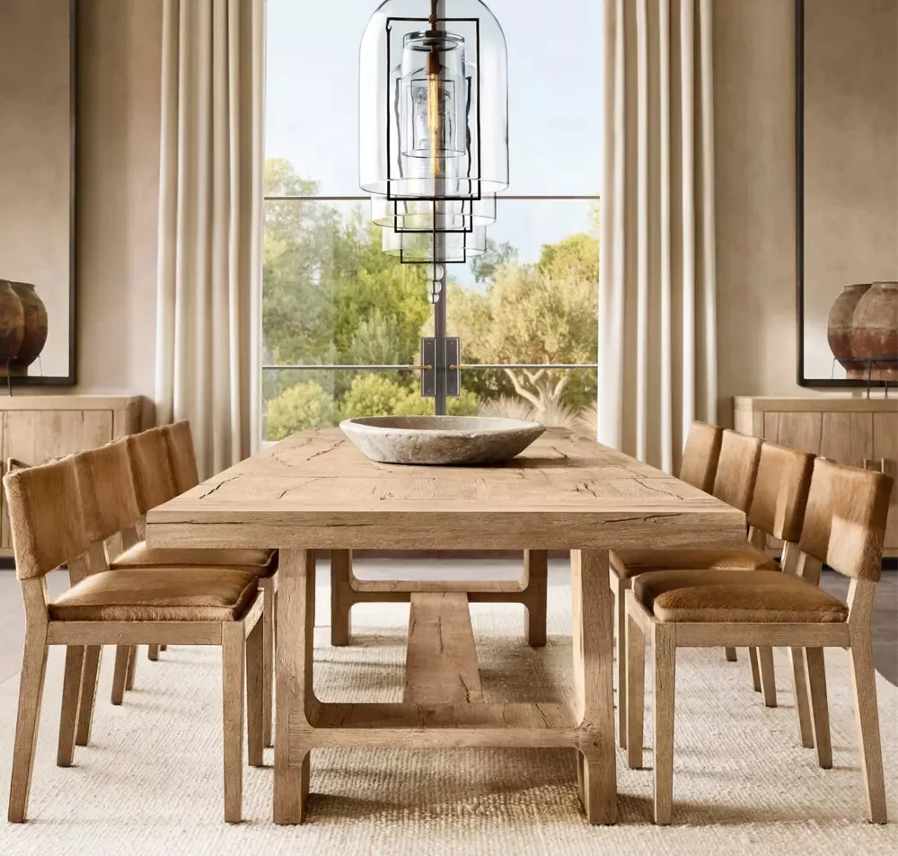 High Quality Antique Rustic Factory Price Modern Oak Wooden Pedestal Rectangular Dining Wooden Table