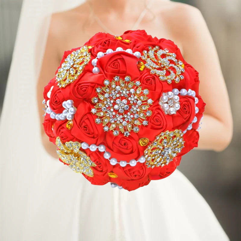 1pc/lot  Red Bridal Wedding Bouquet Artificial Ribbon Rose