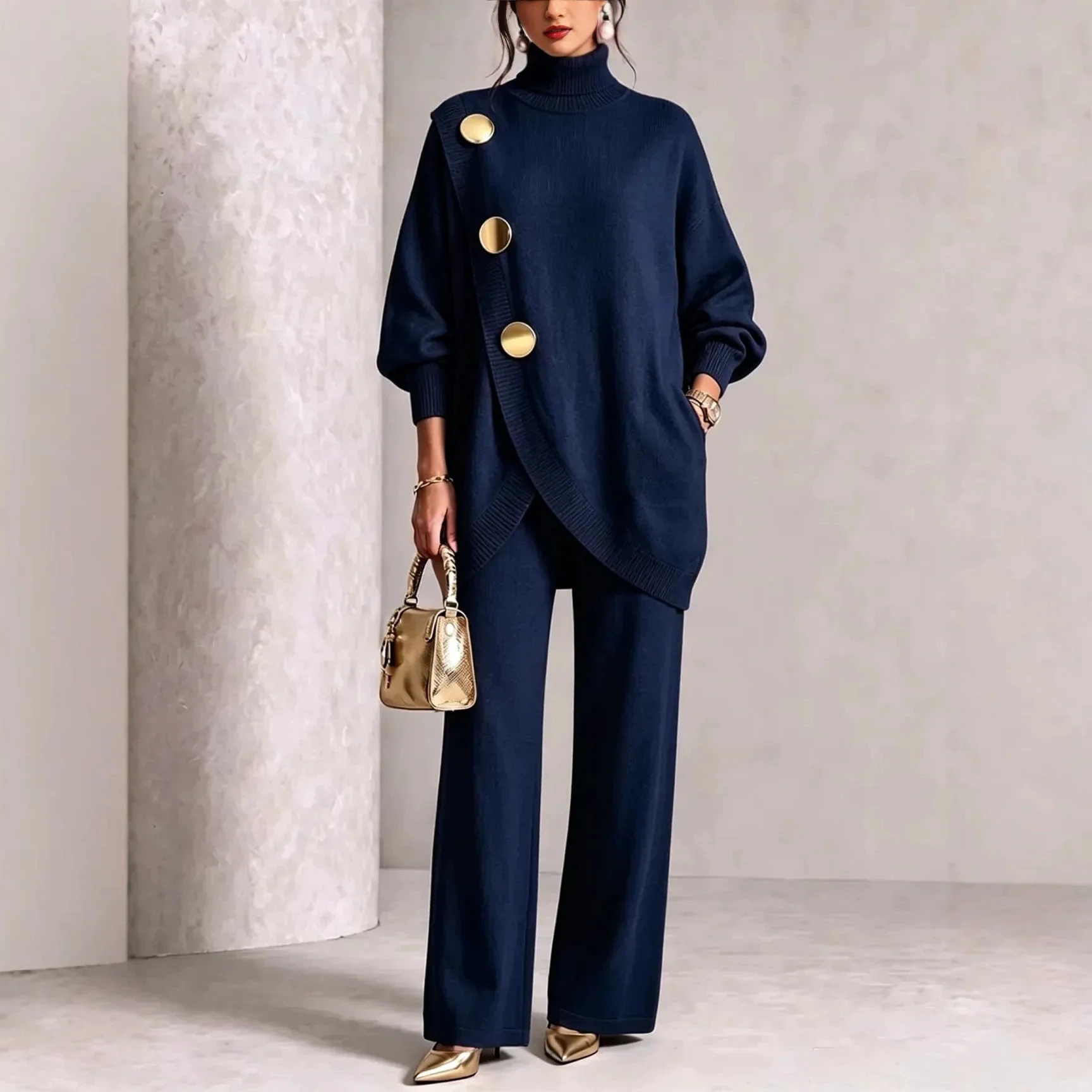 Autumn Winter Metal Button Knitted Two Piece Set Women New High Collar Sweater Wide Leg Long Pant Set Elegant Pullover Suits image 5