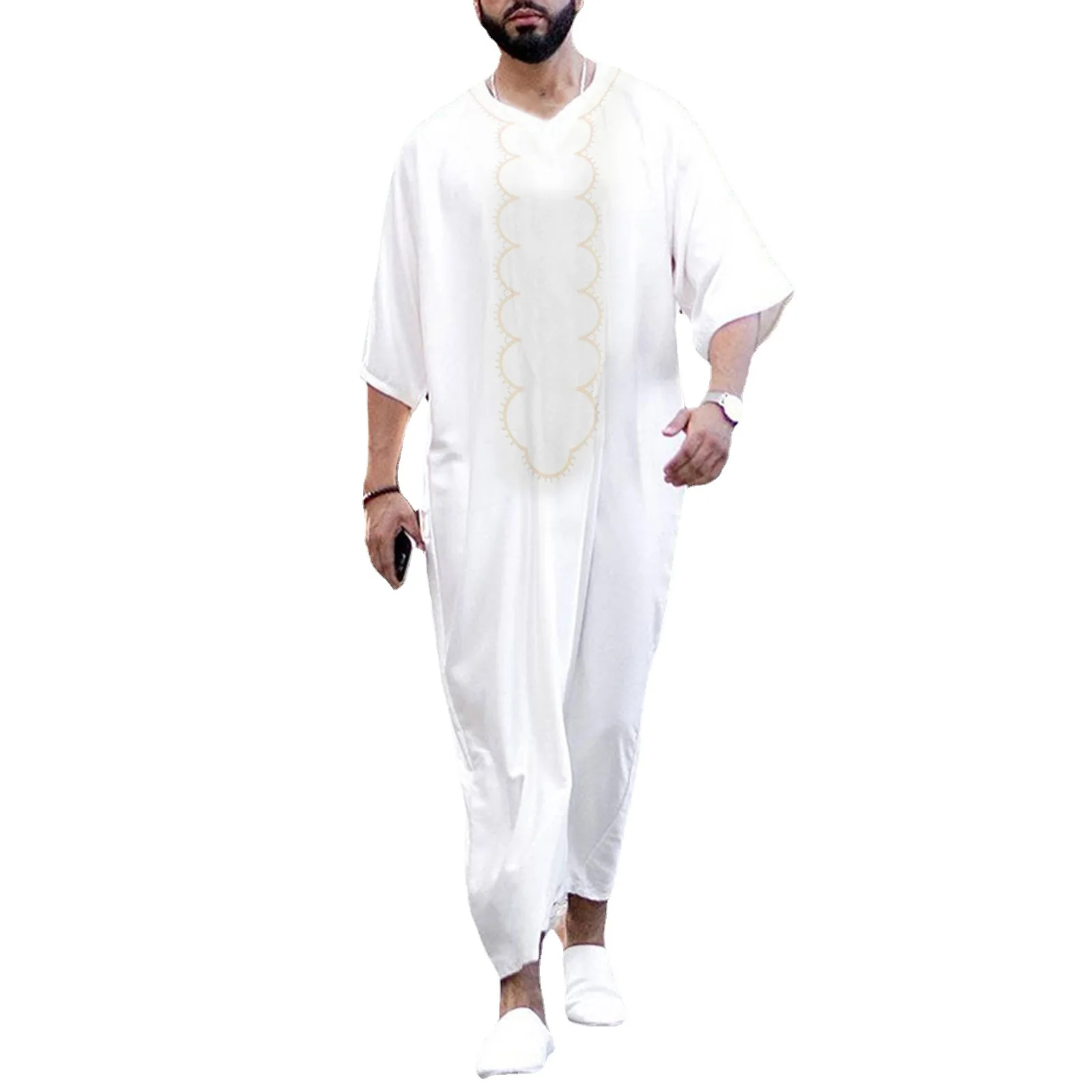 Wholesale Summer Casual Loose Solid Color V-neck Muslim Robe Men's Middle Eastern Printed Arabic Robe