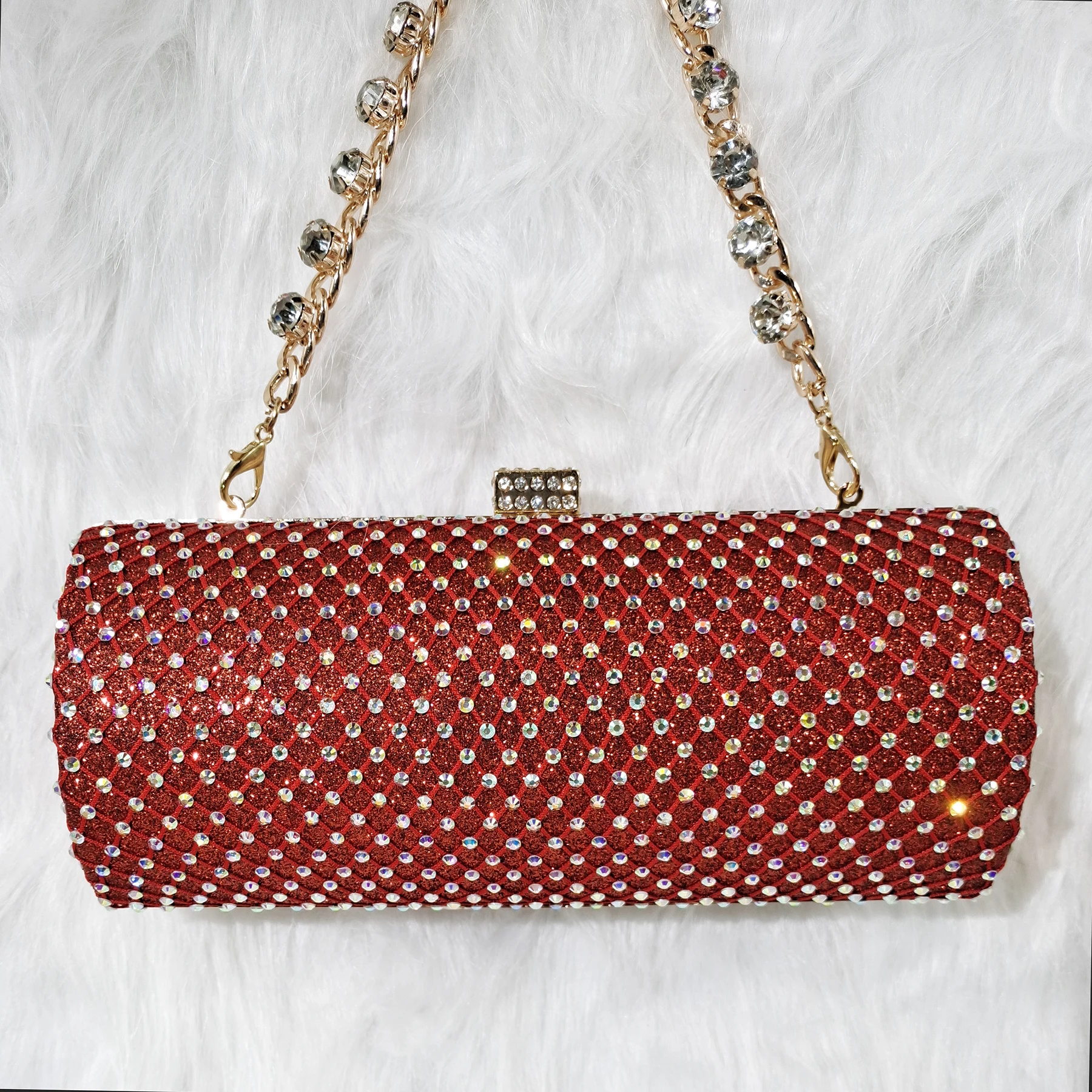 QSGFC Red Color Crystal Mesh Round Hard Bag  Evening Clutch Girly Fashion Small Bag Long Shoulder Strap Two-Way Bag