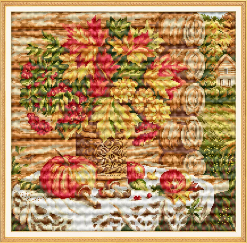 A Harvest Of Autumn Flowers cross stitch kit aida 14ct 11ct count print canvas cross stitches   needlework embroidery DIY handma