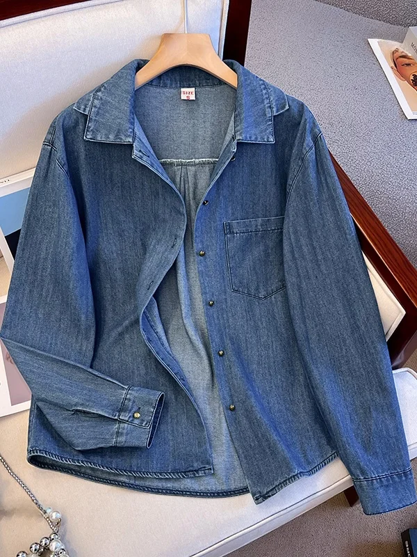 

Женская свободная верхняя одежда из денима Waed Metal Bule, осенняя, в корейском стиле, прямого кроя, с длинным рукавом и воротником.