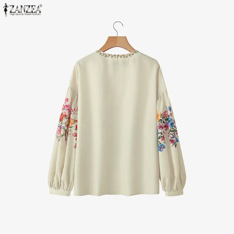 ZANZEA Damska Modna Bluzka Vintage z Nadrukiem Tunika Jesienna Długi Rękaw Latarnia Kwiatowy Wzór Koszule Dekolt V Casual Bluzki Damskie