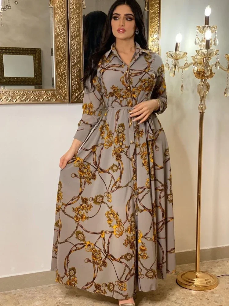 Muslim Abaya Dress Women Ramadan Print Shirt Dresses Autumn  Turkey Islamic Vestidos Elegant India Moroccan Kaftan Arab