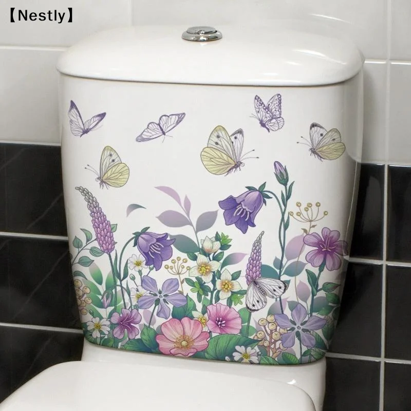 Bathroom Toilet Seat Sticker Self-Adhesive Floral Butterfly Decals Toilet Stickers For Cistern Bathroom WC Restroom Decor〔Nest〕