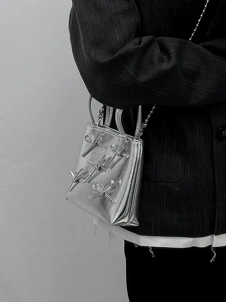Korean Fashion Sweet Bow Silver Bags Women Pu Leather Commuter Shoulder Crossbody Bag