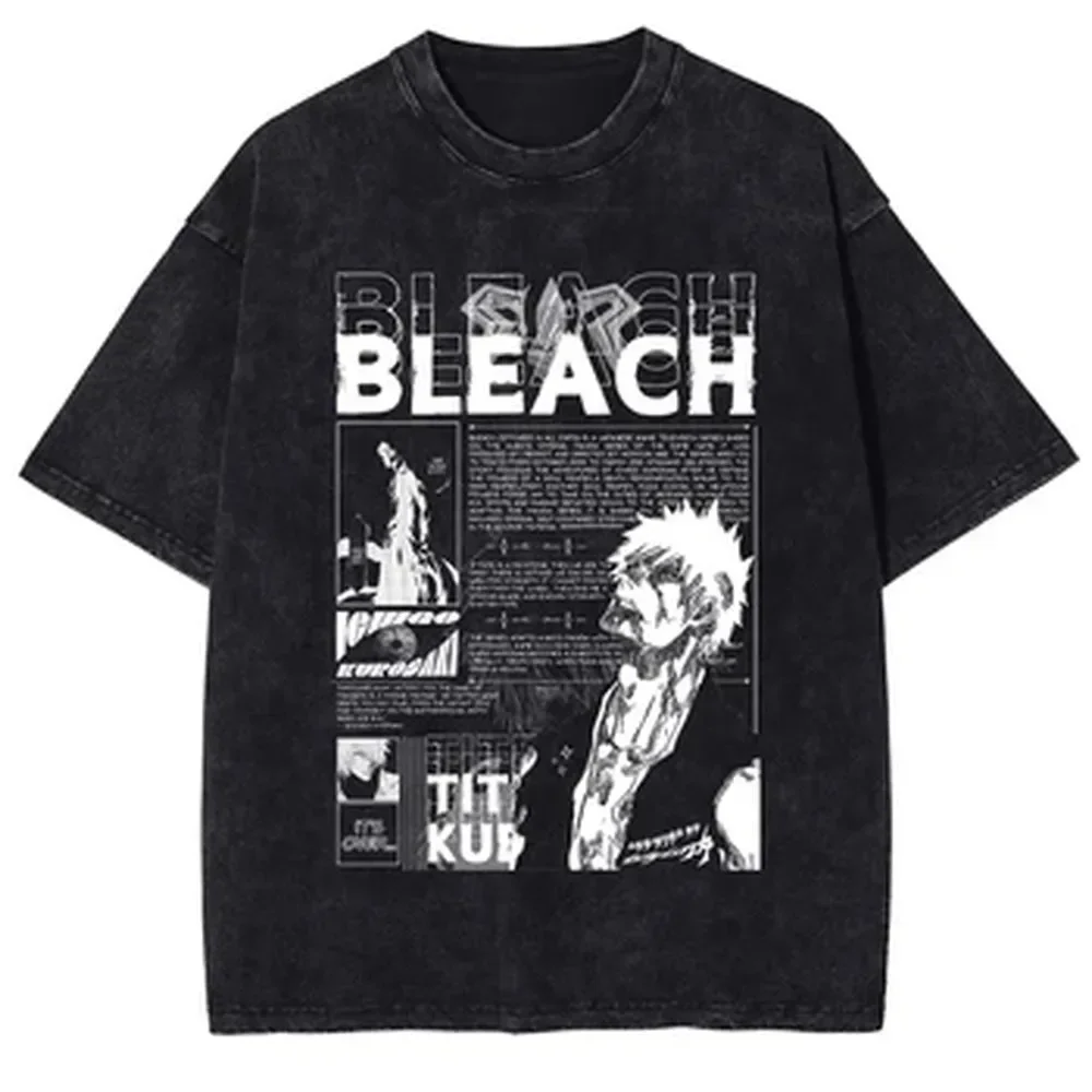 BLEACH Kurosaki Ichigo Manga Graphic T-shirt For Men Women Clothing Vintage Washed Cotton T-Shirt Oversized Short Sleeve Tees