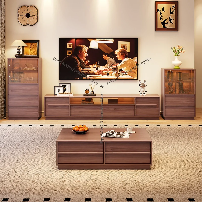 

Mid-Century Modern Solid Wood TV Stand Coffee Table Set Floor Standing Media Console Combo Space-Saving Storage Furniture JT40