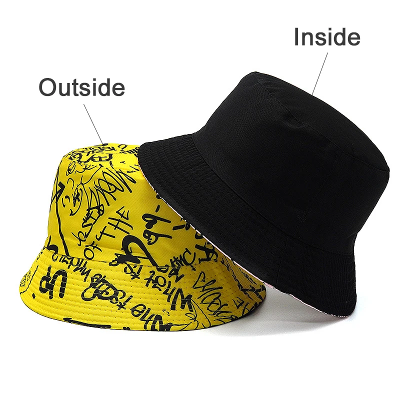 Bocca Letter Graffiti Bucket Hat Double Sides Reversible Panama Fisherman Hats Men Women Outdoor Sun Cap Fashion 2023 New Style