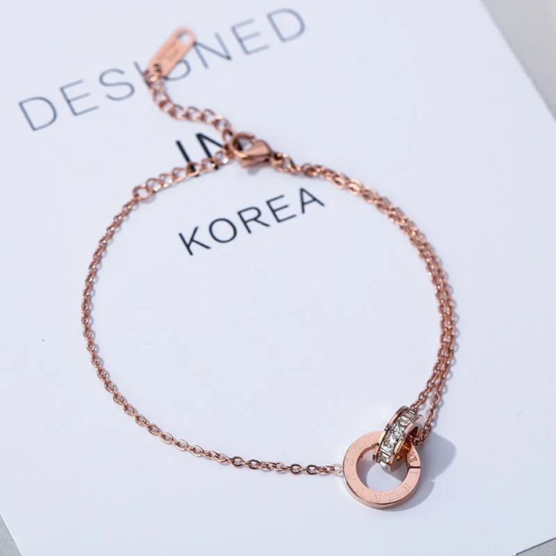 1pc Exquisite Double Ring Rome Fashion Titanium Steel Zircon Rose Gold Color Bracelet Woman Party Prom