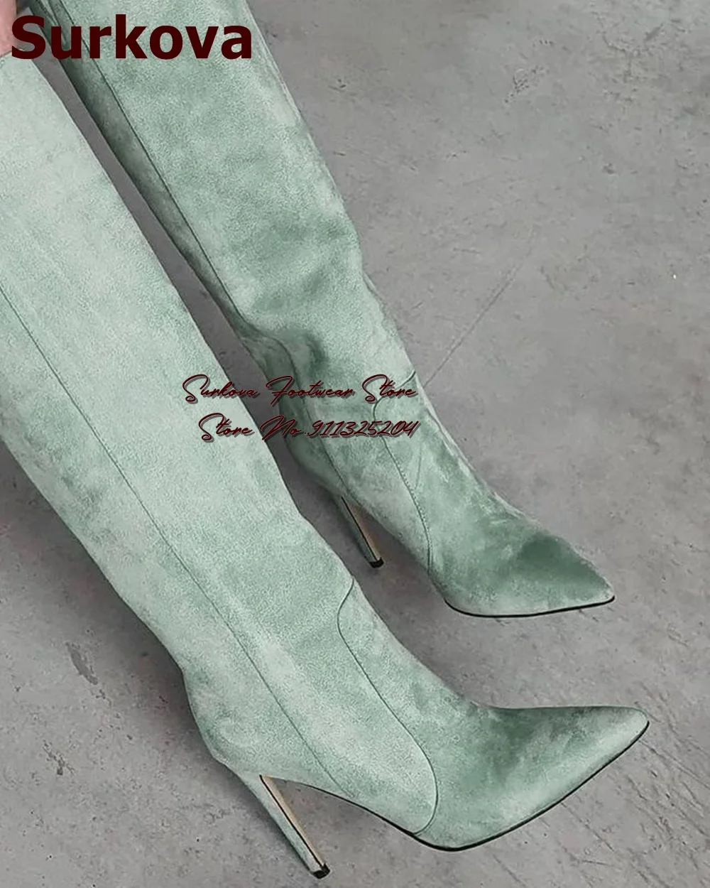 

Surkova Mint Green Suede Over The Knee Boots Stiletto Heels Pointed Toe Thigh High Boots Women Fall Winter Gorgeous Dress Shoes