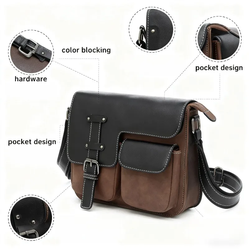 

Vintage Color - Block Faux Leather Crossbody Bag with Multiple Pockets Retro Style Messenger Bag for Men and Women