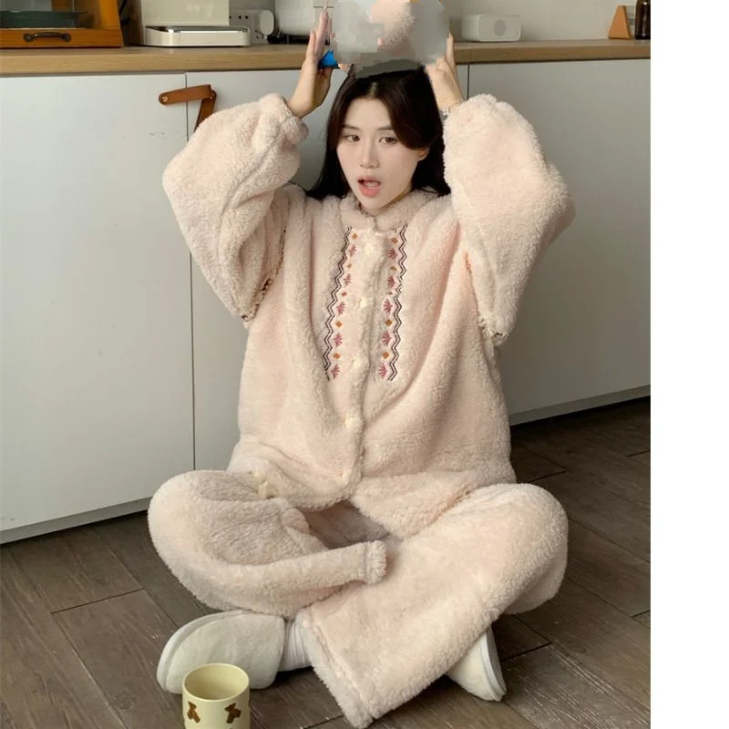 

Women's Clothing Pajama Set Homewear Long Sleeves Pants Two-Piece Set Autumn and Winter Thicken Comfortable Sweet Fashion