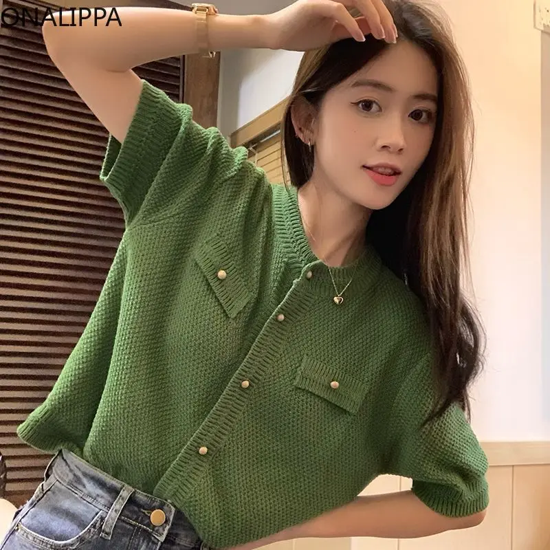 Onalippa Sweet Green Cardigan Thin Short Sleeves Single Breasted Solid Loose Knitted Cardigans Preppy Style Cropped Sweater