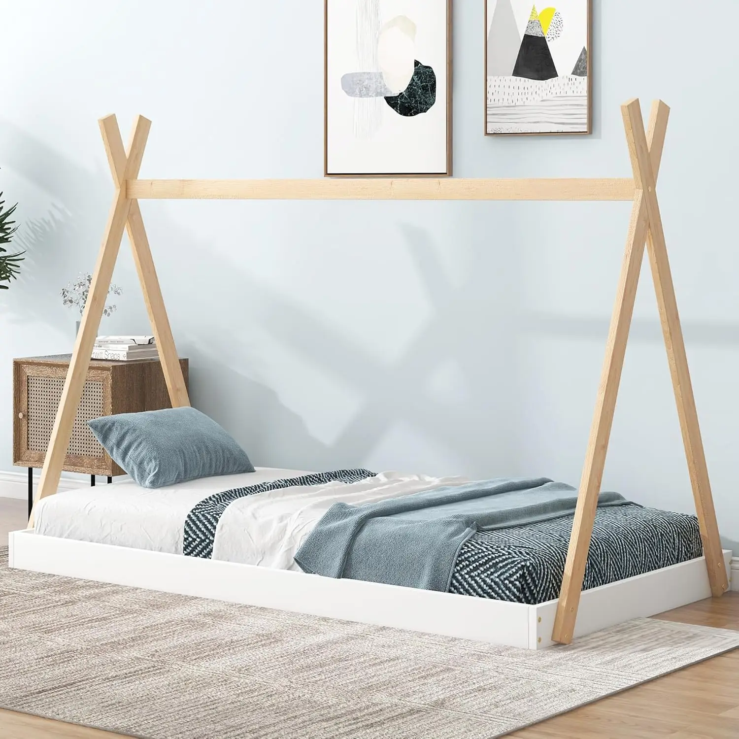 Wood Teepee Bed Twin Size Floor Beds for Kids, Montessori Style House Tent Bed Frame for Boys Girls Teens, Box Spring Required