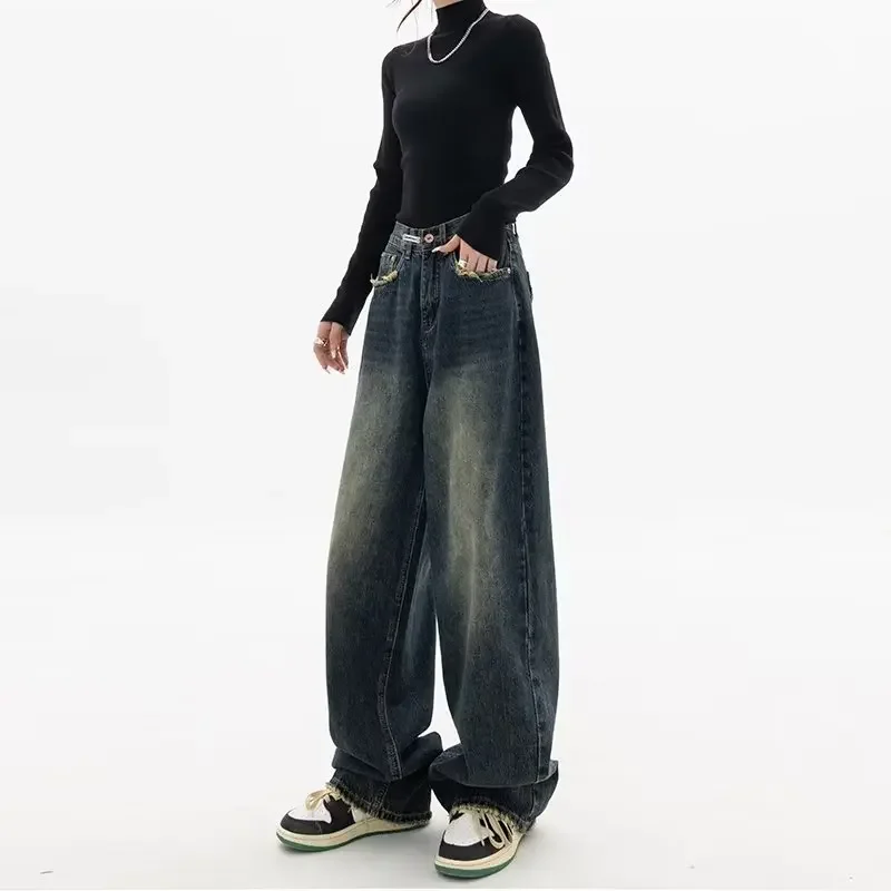 

Y2K Women Vintage Streetwear Korean Baggy Blue Jeans High Waist Straight Wide Leg Pants Denim Trousers Fairy Grunge