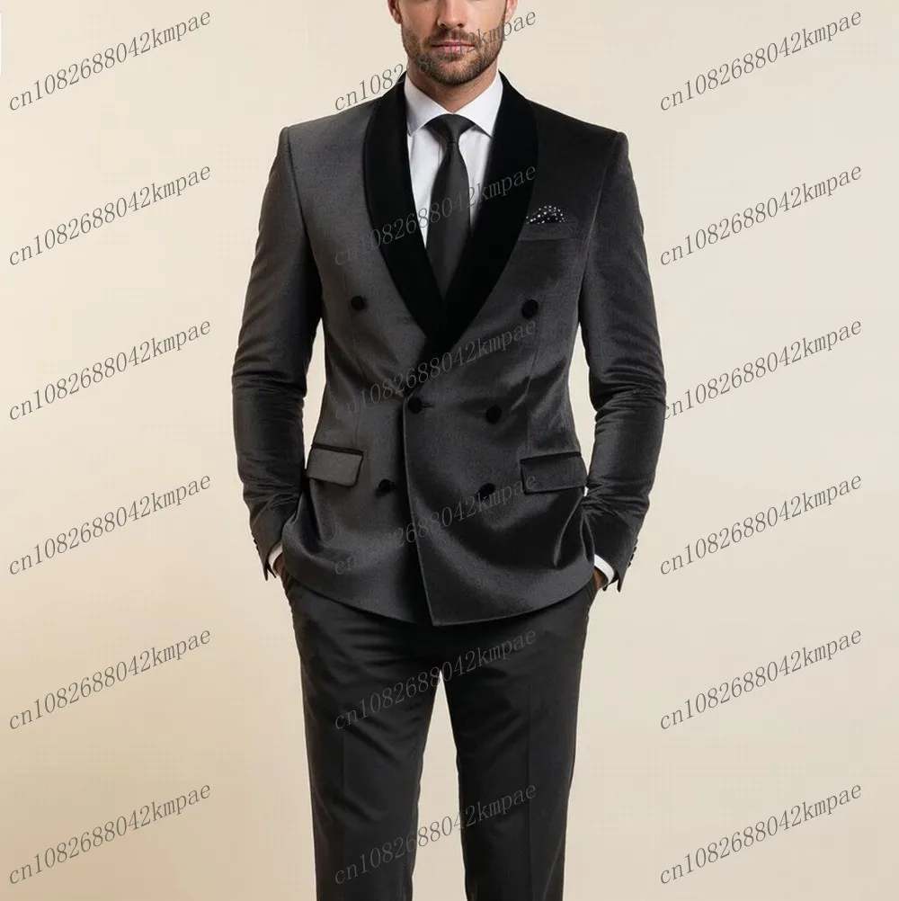 

Black And Dark Grey Velvet Men Suit Formal Groom Groomsman Wedding Party Prom Male Business Tuxedos 2 Piece Set Blazer Pants