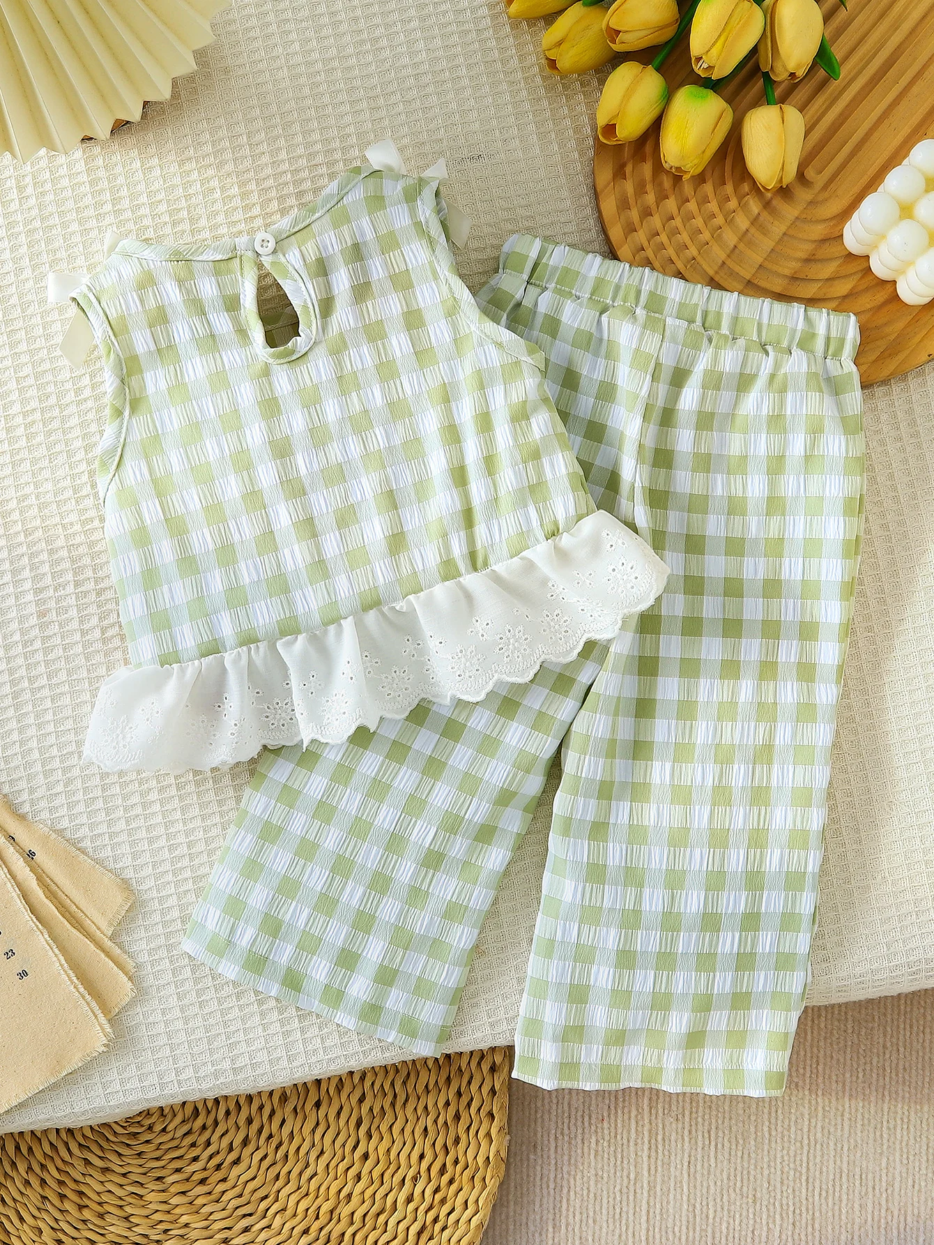 2pcs Summer Baby Girls Green Gingham Lace Trim Set, Cute Bow Top + Pants, Sweet Style, Daily/Outdoor Wear, 0-2Y, Breathable Fabr