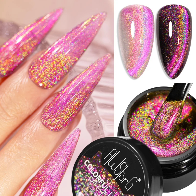 AWStorG 5ML Colorful Laser Cat Magnetic Gel Sparkling Pinkish Purple Nail Polish Holographic Rainbow Effect Soak Off UV Nail Art