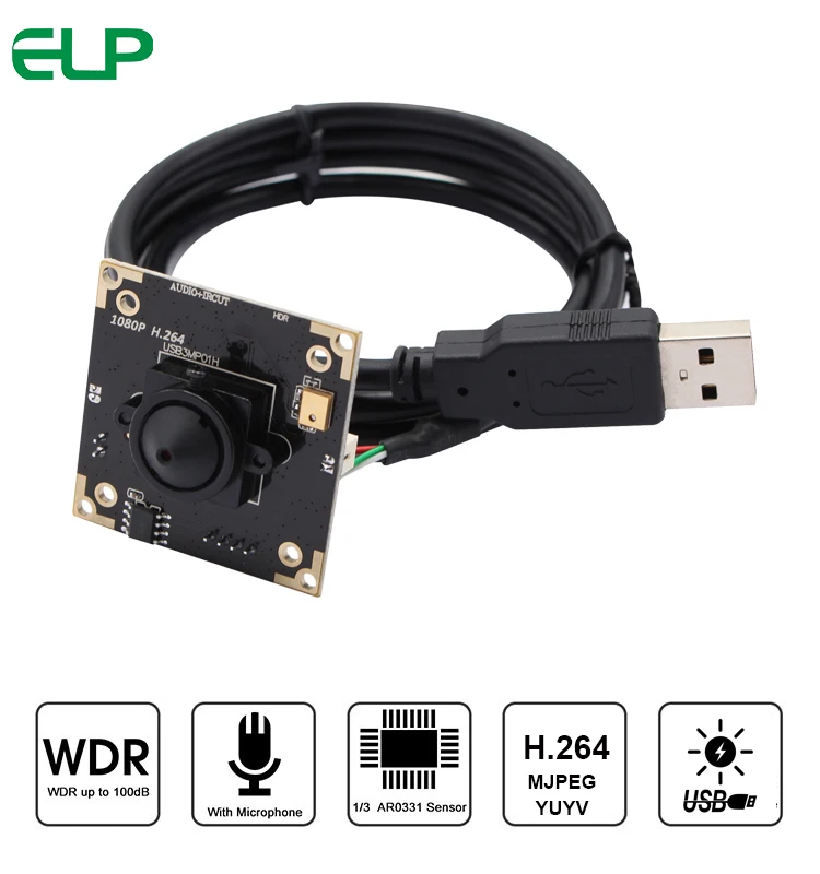 ELP 3MP H.264 WDR Audio Webcam With 3.7mm Lens Adopt AR0331 Sensor USB Camera Module With Microphone Dynamic Range Up To 100DB