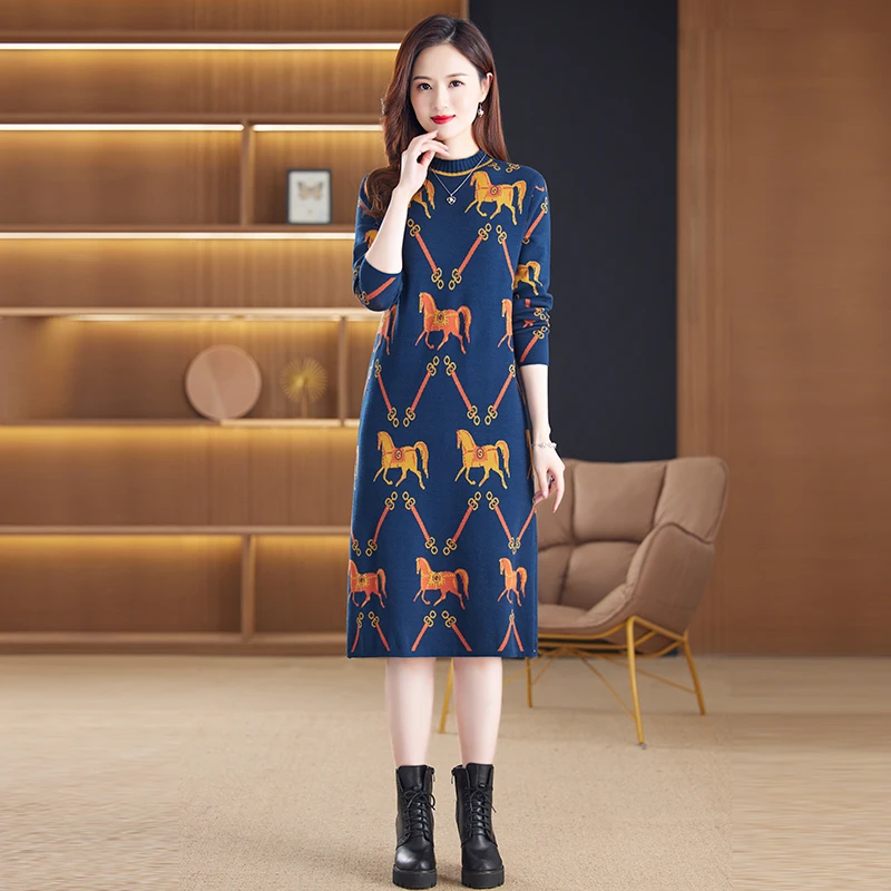 

Fashion Knitting Women Dress Vestido Long Sleeve O Neck Patchwork Ruffle Chiffon Dress Elegant Vintage Sweater Dresses Robe