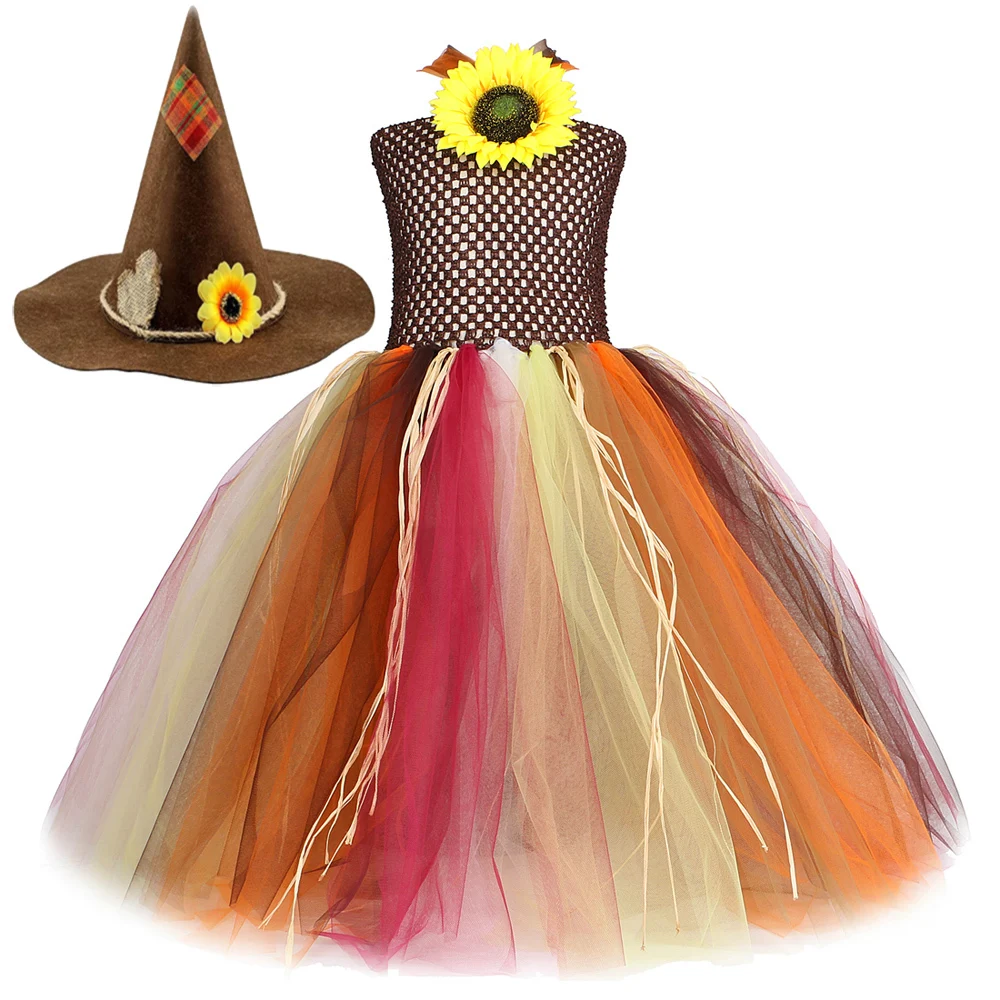 Scarecrow Wizard Long Dresses for Girls Halloween Fancy Costume for Kids Carnival Party Tutus Ball Gown with Sunflower Witch Hat