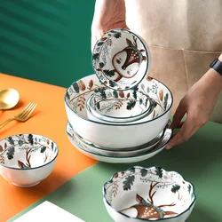 Nordic Ceramic Hand-Painted Glazed Color Plate Bowl Set Cartoon Deer Household Anti-Hot Baking Plate Forest Animal Tableware Set