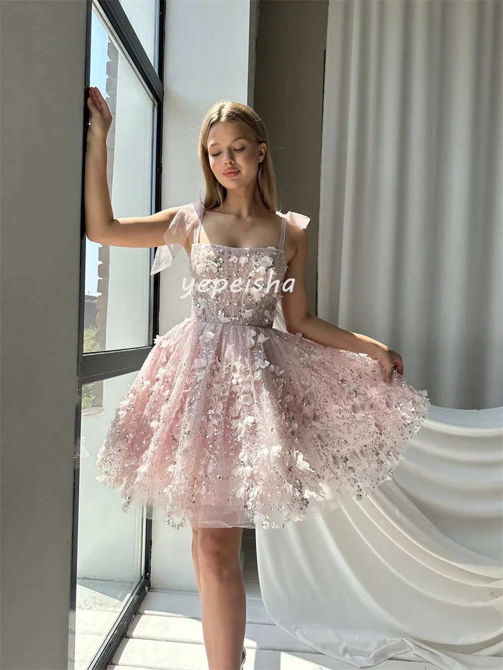 Mini robe classique personnalisée à paillettes, perles croisées plissées, strass, ligne a, épaules dénudées, robes d'occasion sur mesure