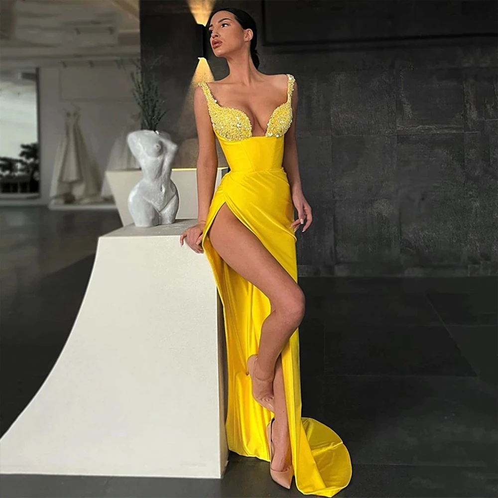 

Yellow Shiny Long Prom Dresses Spaghetti Straps Sequins Evening Sweetheart Formal Night Party Gowns Vestidos De Noche