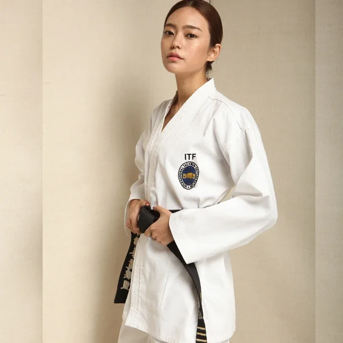 Martial Arts TKD Tae Kwon Do Korea V-neck Adult & Children Taekwondo Dobok for Poomsae & Training,WTF Uniform,160-190cm  white