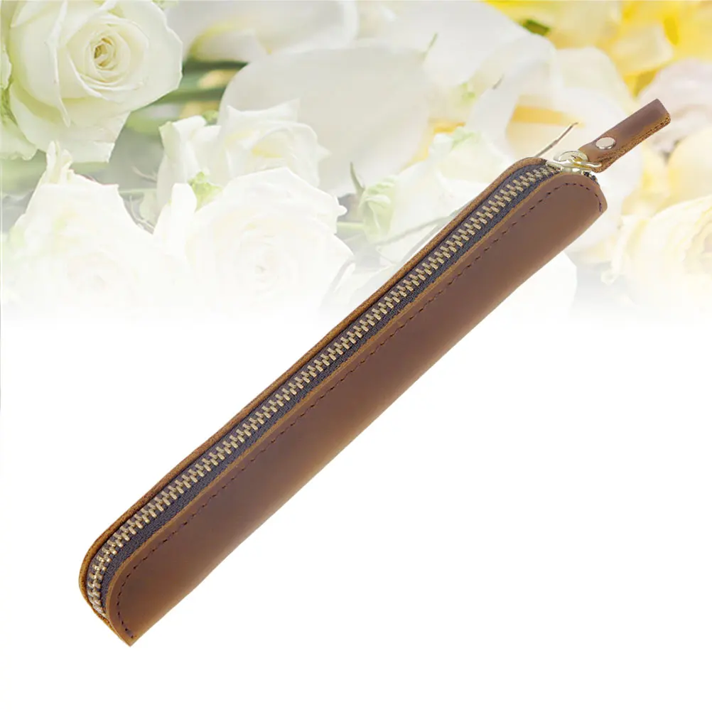 

Cowhide Pen Set Pencil Case Rolling Pouch with Zipper Wallet Travel Bag