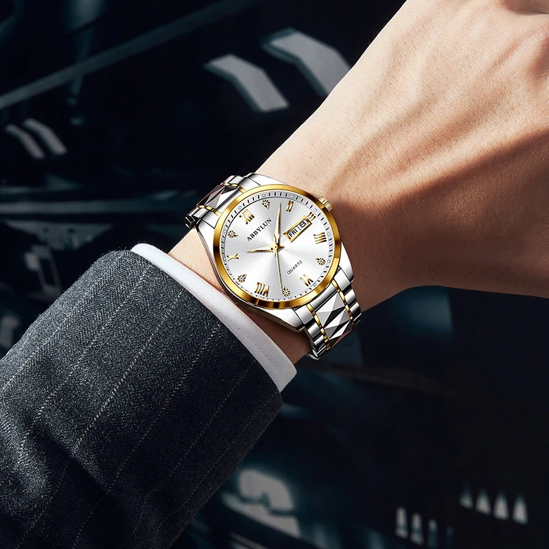ABBYLUN 985 Men Quartz Watch Fashion Leisure Simple Diamond Date Stainless Steel Strap Wristwatches for Male Clock Brithday Gift