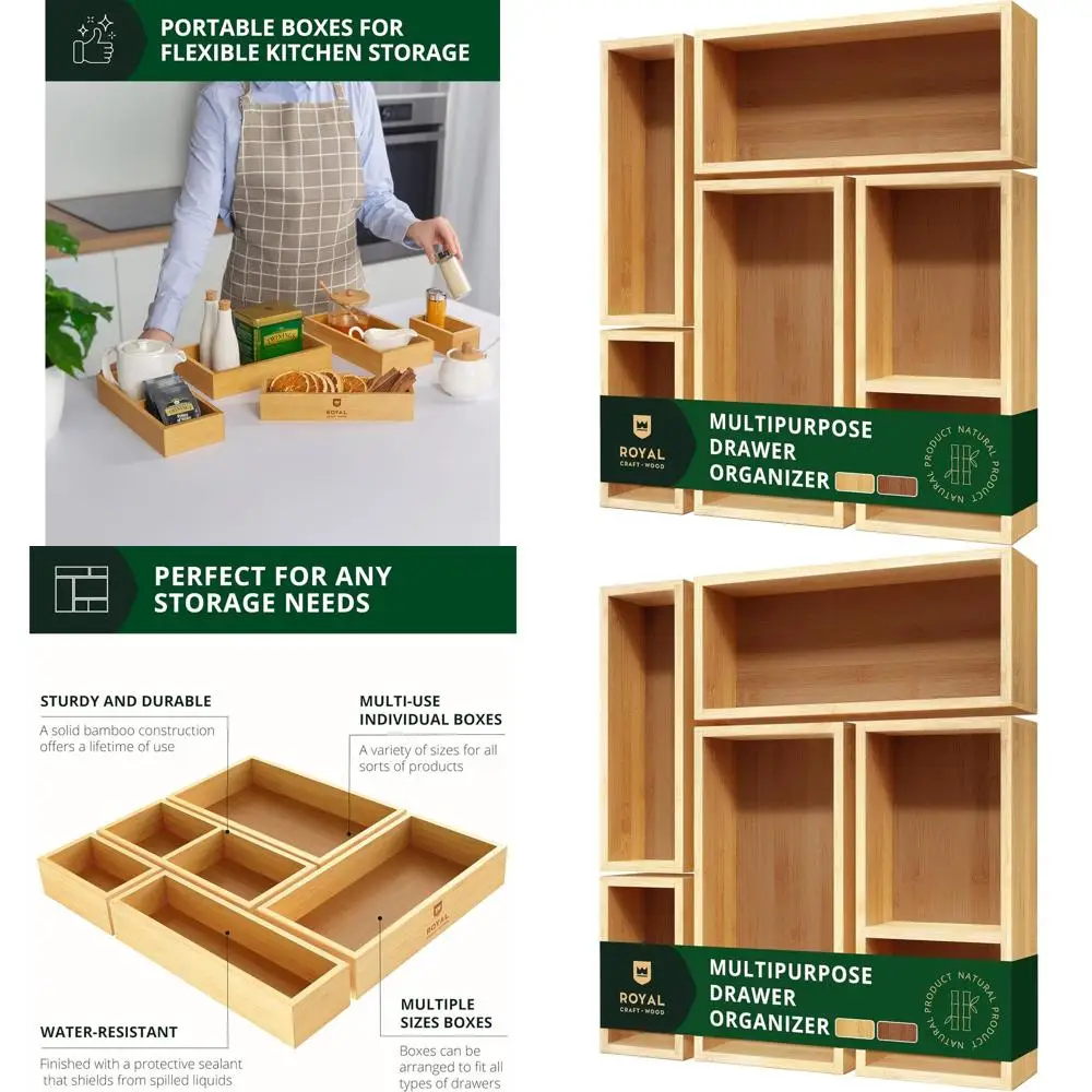 

Набор из 5 бамбуковых органайзеров для ящиков — универсальные подносы для хранения на кухне, в ванной, в офисе, для косметики и украшений