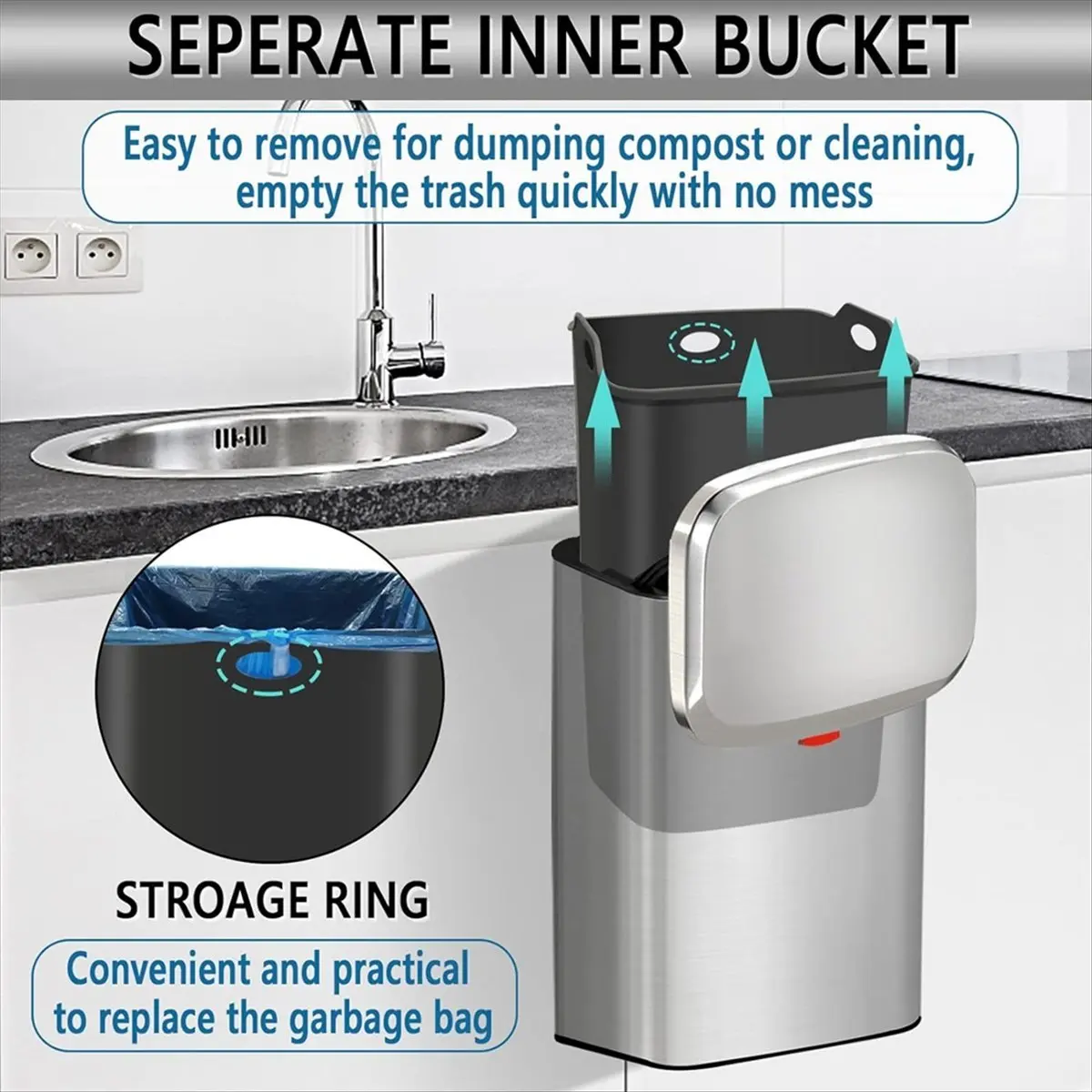 

(ABLP) Подвесное кухонное мусорное ведро из нержавеющей стали с крышкой, 2-в-1: контейнер для компоста для столешницы и под раковину, 8 л