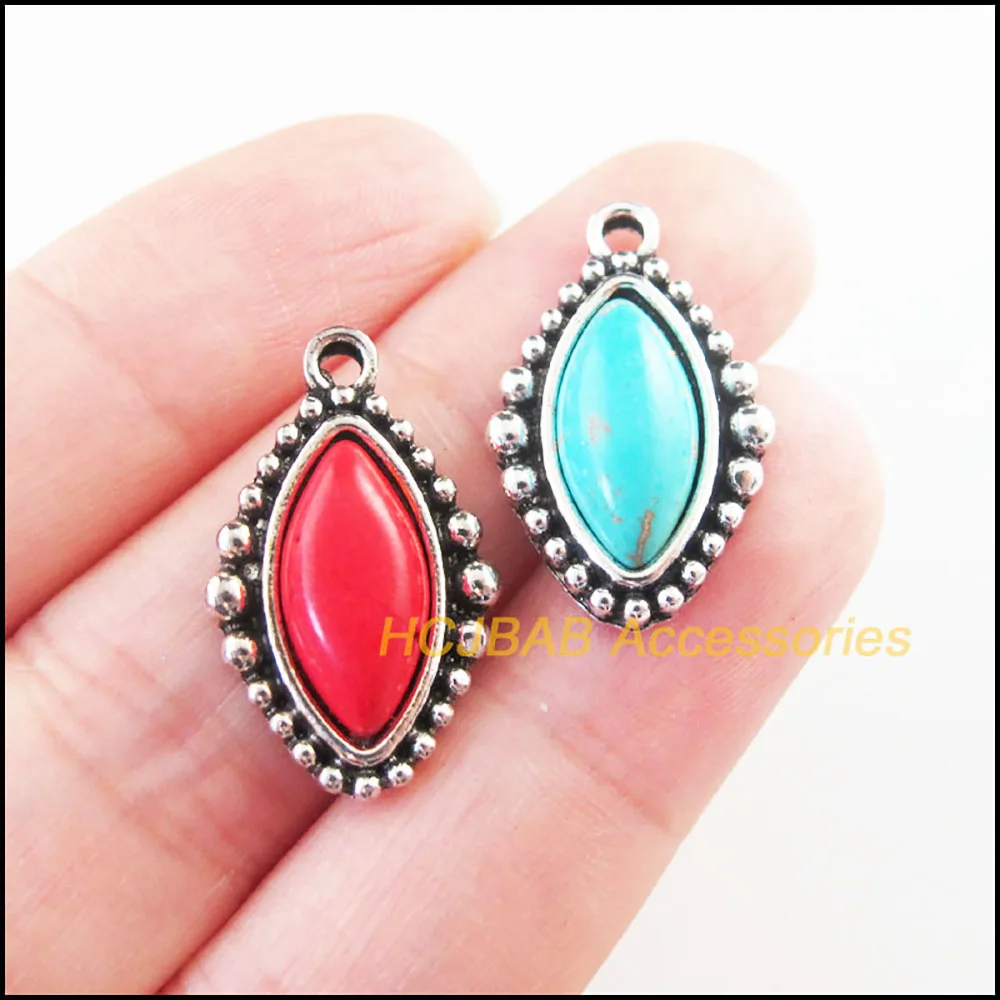 8Pcs Retro Tibetan Silver Tone Eye Oval Blue&Red Stone Charms Pendants 14.5x23.5mm