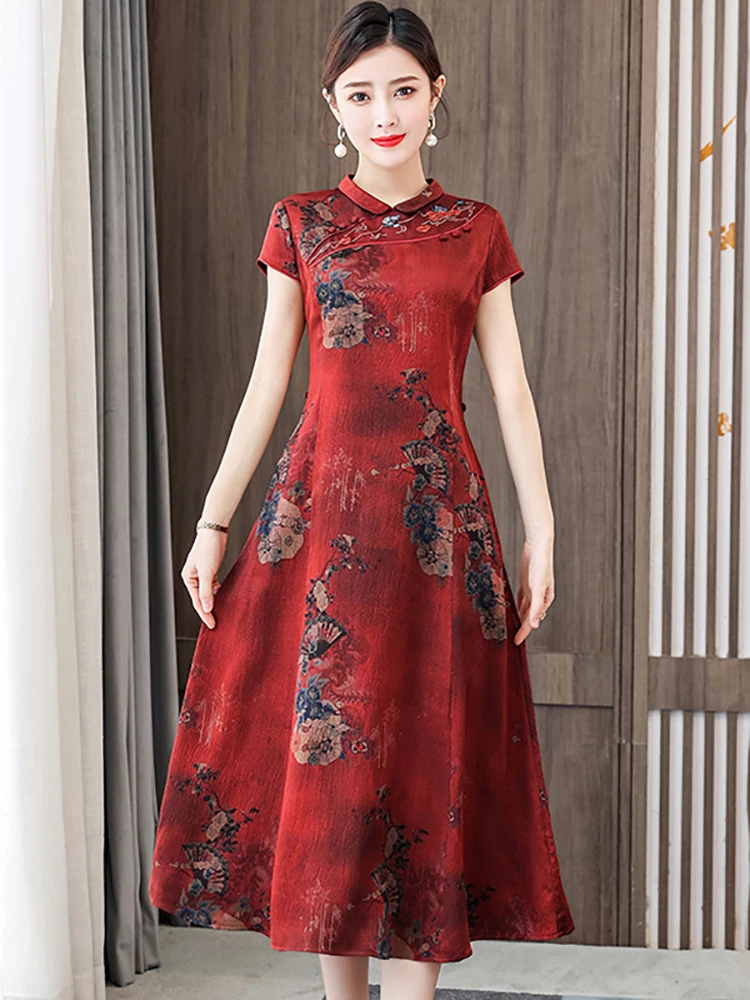 

Women Red Floral Silk Elegant Midi Dress Summer New Short Sleeve Bodycon Party Vestidos 2023 Korean Vintage Luxury Evening Dress