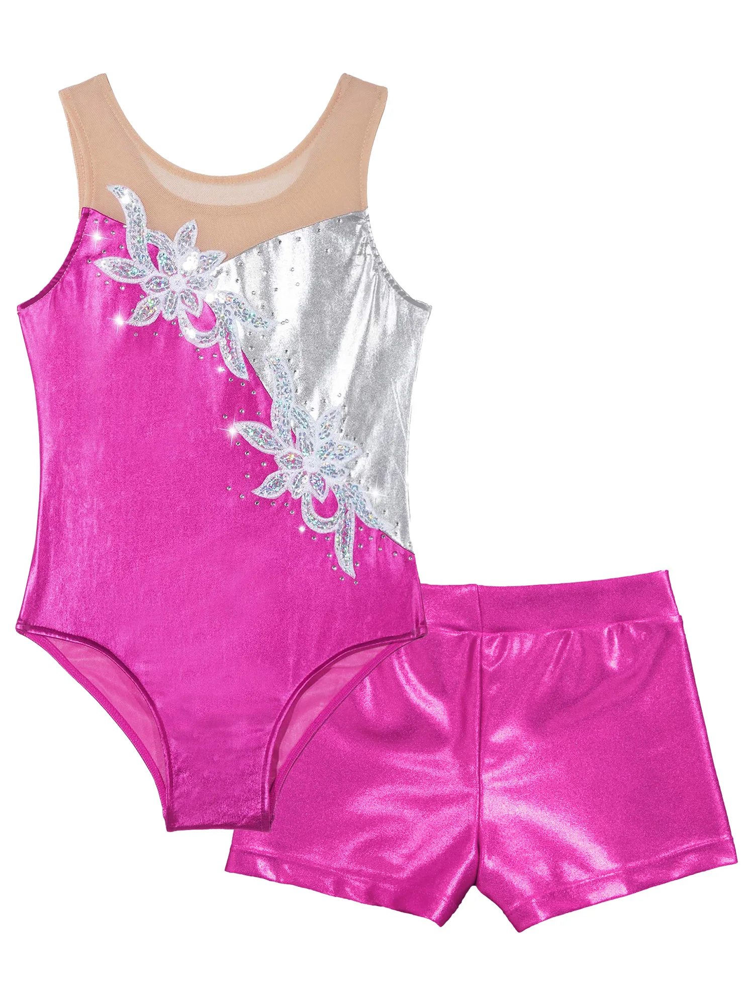 Kids Girls Ballet Dance Sets Sports Gymnastics Outfits Mesh Patchwork Glitter Sequins Leotard with Shorts for Stage Performance