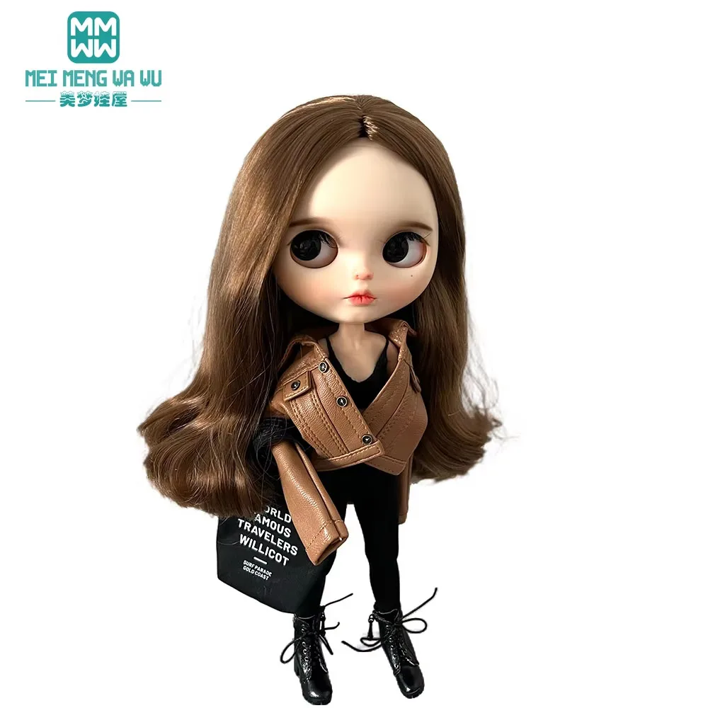 mini Toys Doll clothes leather jacket black white coffee brown for 28cm Blyth Azone OB22 OB24 gift