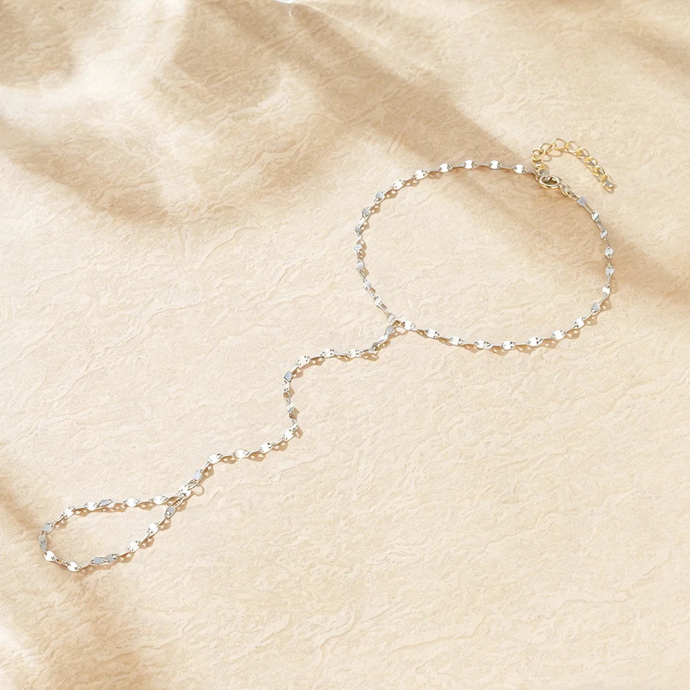 

Aide S925 Sterling Silver Hypoallergenic Hand Chain Shiny Minimalist Link Hand Bracelet for Women Beach Party Ring Bracelets