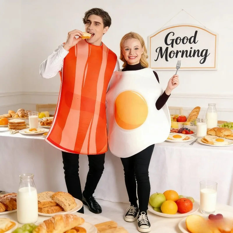 

Carnival Couple Costume Funny Fried Egg Bacon Outfit Adult Mens Womens Food Role Play Party Wear