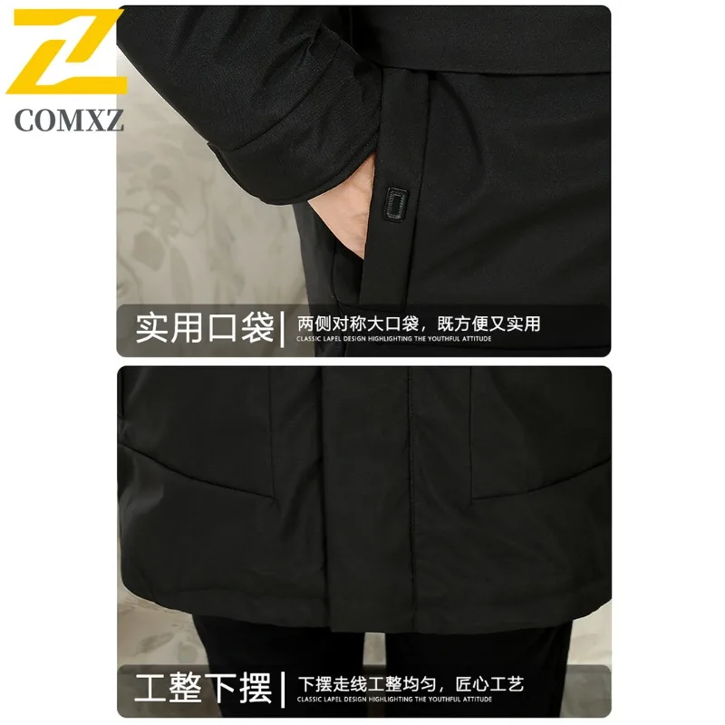 COMXZ Premium Men Down Jacket Fur Collar Hooded Commute Office Thickened Warm Parka Solid Color Travel Windproof Winter Coat