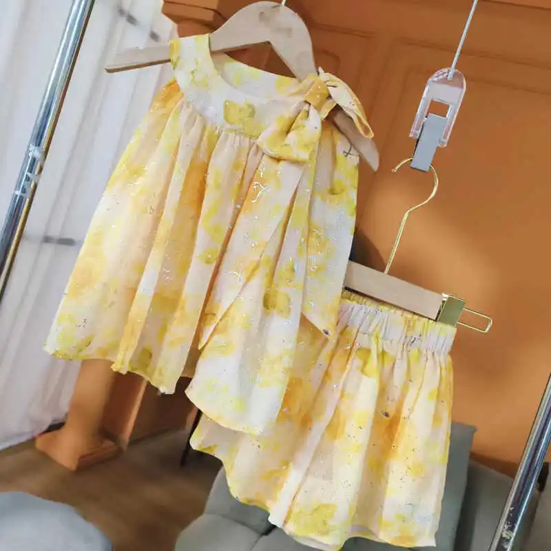 

2024 Summer Child Clothes Sets Sleeveless Bow Tie-dye Dress Print Floral Yellow 2 Piece Sets Designer Girls Clothes Sets 8-12T