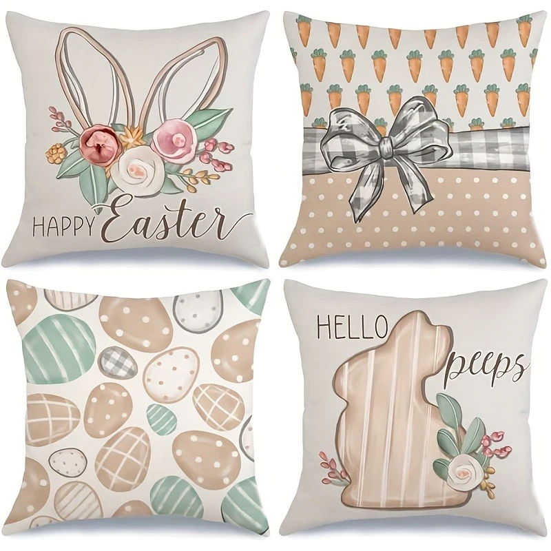 Happy Easter decoration pillow cover rabbit radish egg print living room sofa cushion cover suitable for home festive decoration