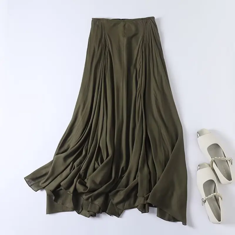 Jenny&Dave French Linen Army Green Layered Skirt Women's Minimalist Vintage Elegant Pleated Irregular Midi Skirt Women