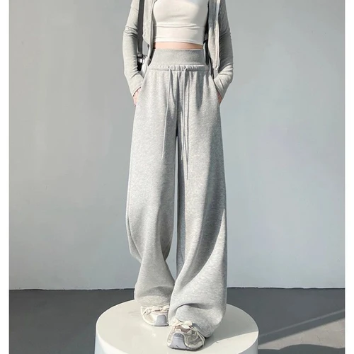 Imagen 2 del producto Gran oferta, pantalones clásicos de cintura alta para mujer, pantalones informales de pierna ancha holgados para niñas, pantalones de chándal coreanos elegantes para el hogar para uso diario