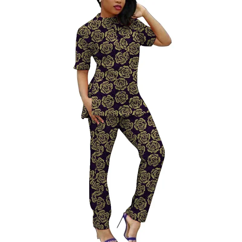 

2Pcs Set African Women Tops Trousers Suits For Women Short Sleeve Tops Patch Trousers Nigerian Lady's Ankara Outfits Party Wear