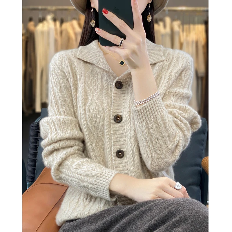 Women's Thick Cardigan 100% Merino Wool Lapel Sweater Cardigan Autumn Winter Warm Knit Cardigan Fashion Jacquard Women's Wear