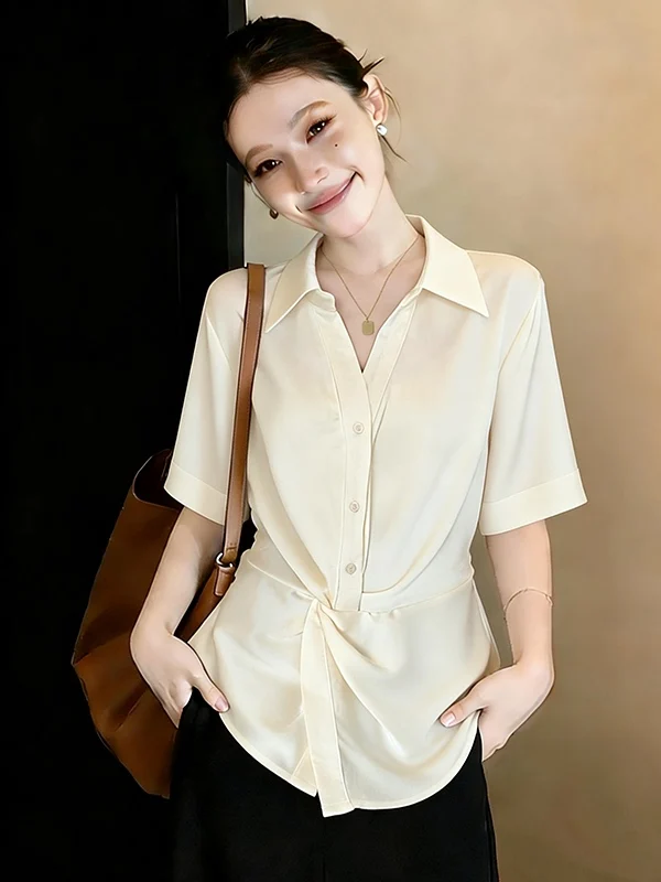 

Elegant Acetate Satin Short Sleeve Shirt Women's V-neck Slim Fit Shoulder Bridesmaid Top Korean Style Commute Fashion
